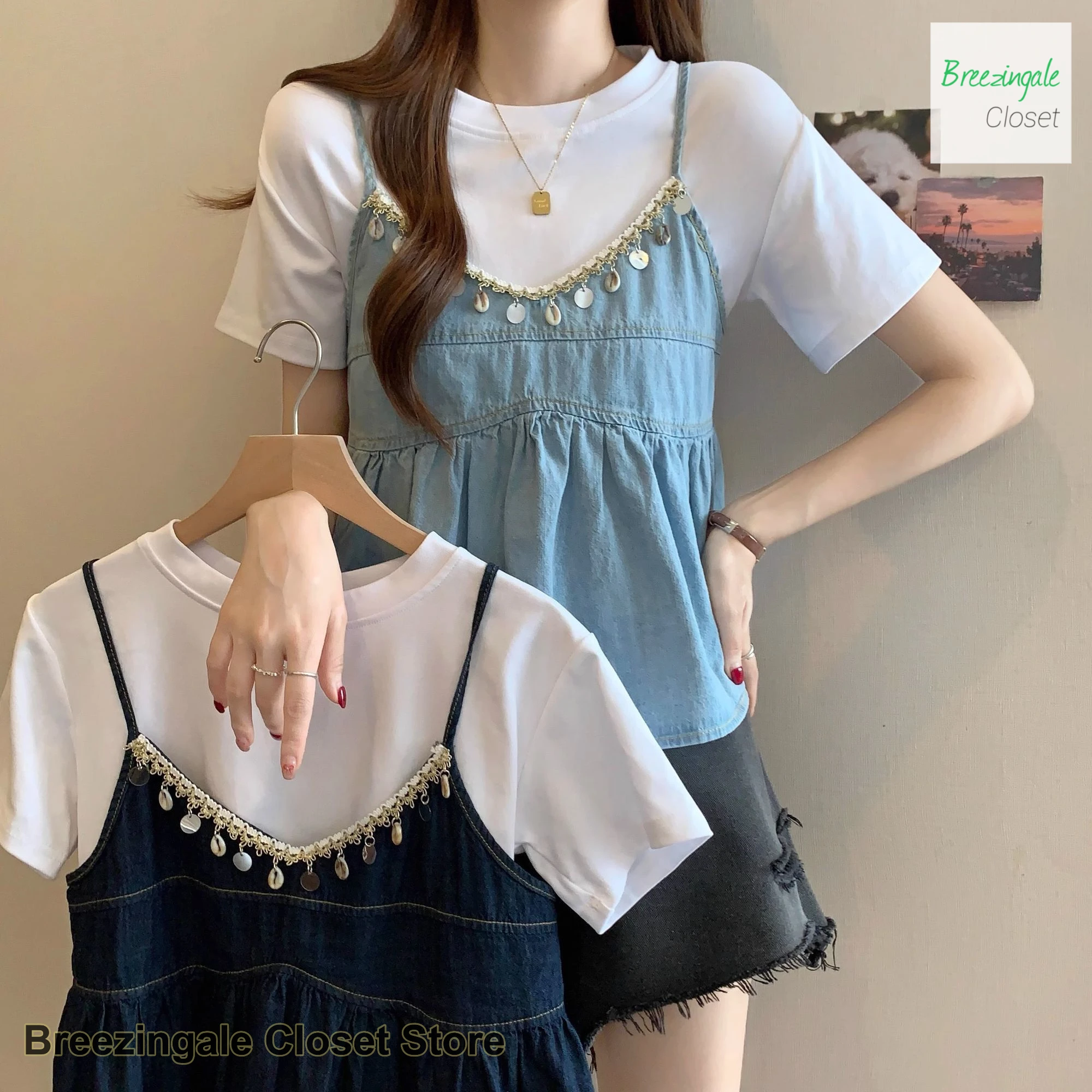 Korean temperament fake two-piece sling splicing short-sleeved shirt women's summer new loose plus size doll shirt short clothes