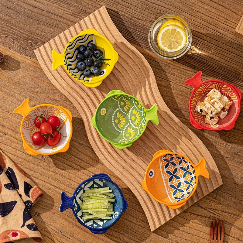 Cute Korean-style Cartoon Fish-shaped Ceramics Small Plate Creative Colorful Kitchen Condiment Bowls Sauce Dish Home Tableware