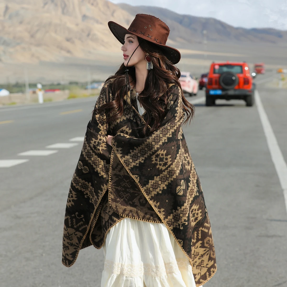 1 piece of women's geometric patterned retro cloak for autumn and winter travel, spring outing, warm shawl.