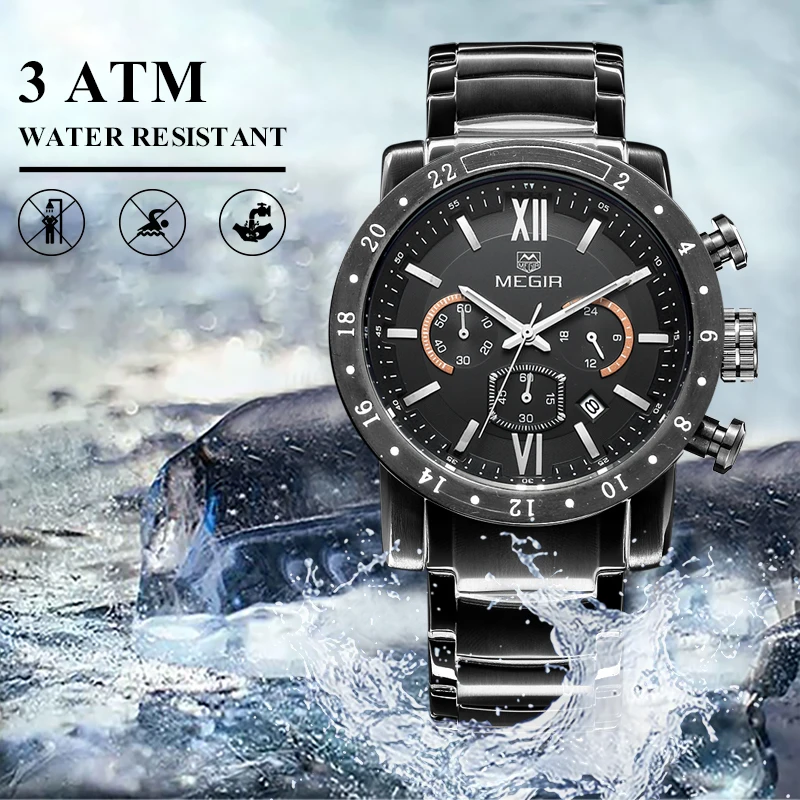 MEGIR Stainless Steel Casual Watches for Men Waterproof Luminous Dial Man Quartz Business Wristwatch with Chronograph Auto Date view 5