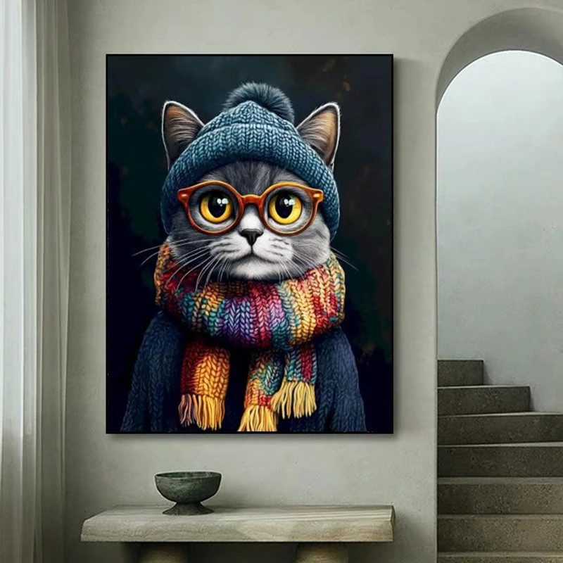 Cat with Glasses Wearing Hat and Scarf Poster Prints Cartoon Animal Canvas Painting Wall Art Picture for Living Room Home Decor view 2