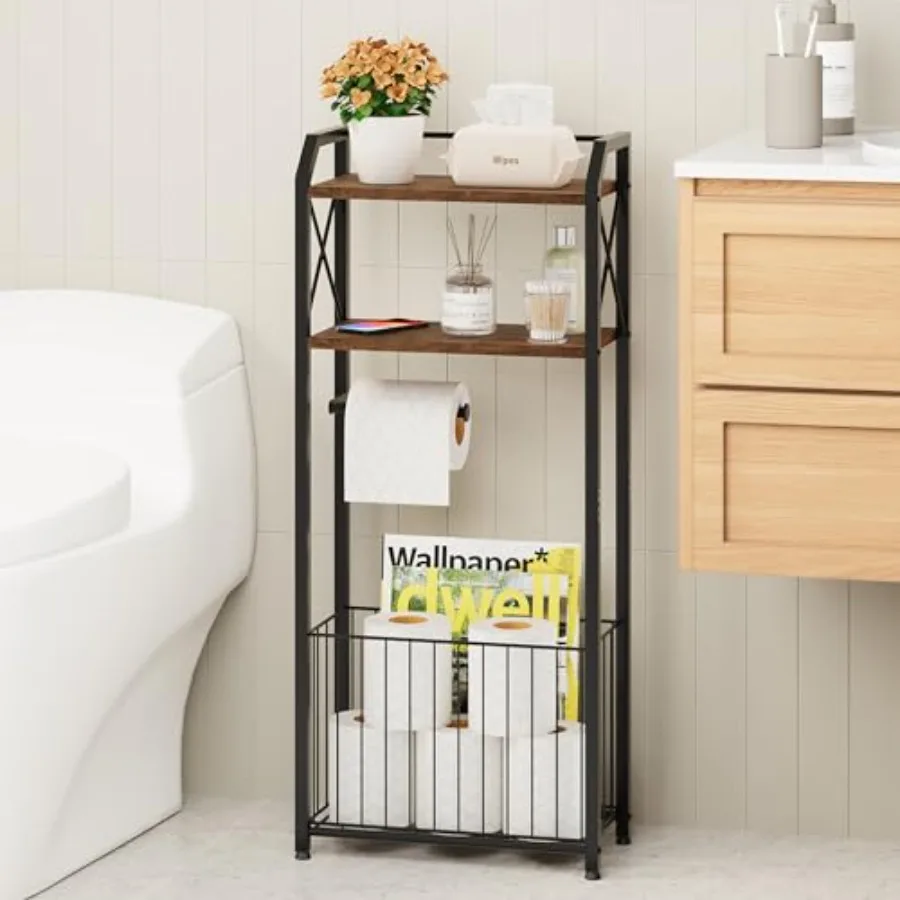 

Freestanding Toilet Paper Holder - 4-Tier Bathroom Tissue Organizer with Wood Shelves and Large Basket, Toilet Paper Holder Sta