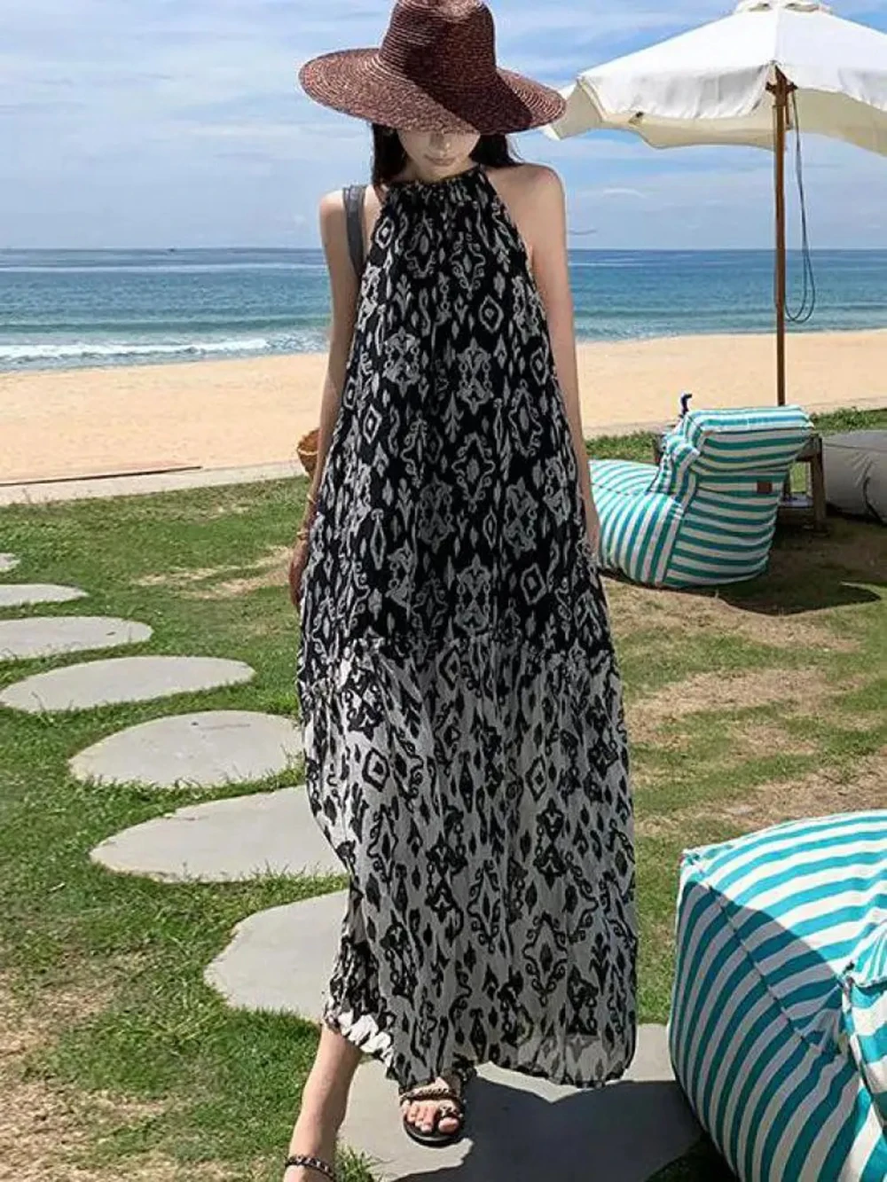 ZABA Women Elegant Splicing Strapless Sleeveless Loose A-Line Midi Dress Casual Beach Holiday Hanging Neck A-Line Dresses