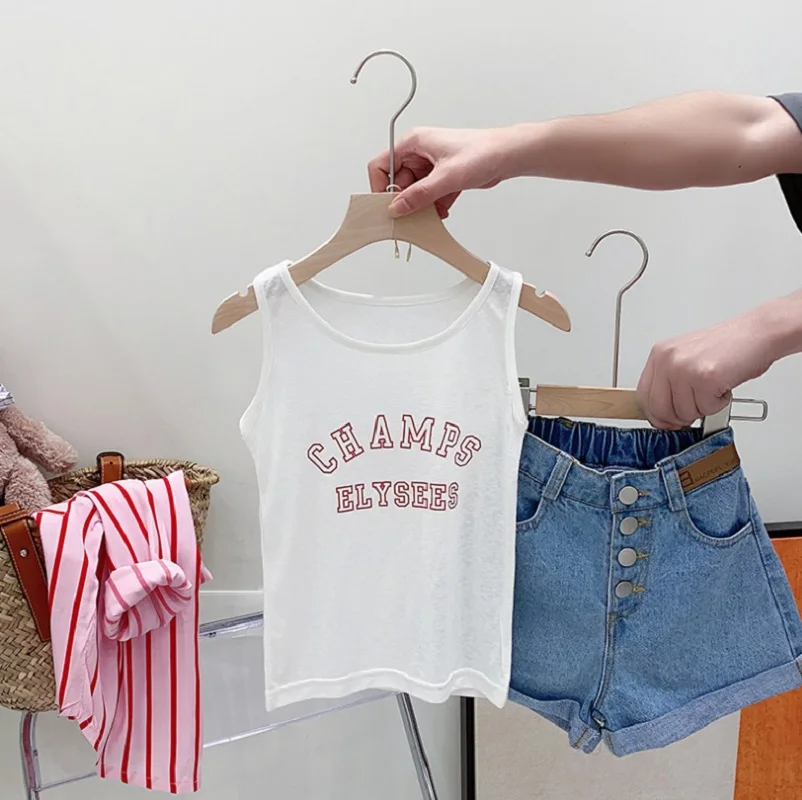 3PCS Set Children Girl Clothes 2-7Years Kids Long Sleeve Striped Shirt+Letter Print Vest Top+High Waist Denim Short Outfits Suit