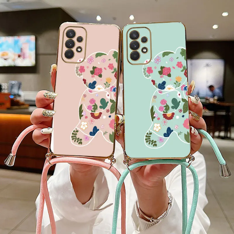 Bloem Beer Crossbody Lanyard Siliconen Telefoon Hoesje Voor Samsung Galaxy A73 A71 A71 A52 A52 A32 A53 A 03S A04 A03 A54 A51 Cover