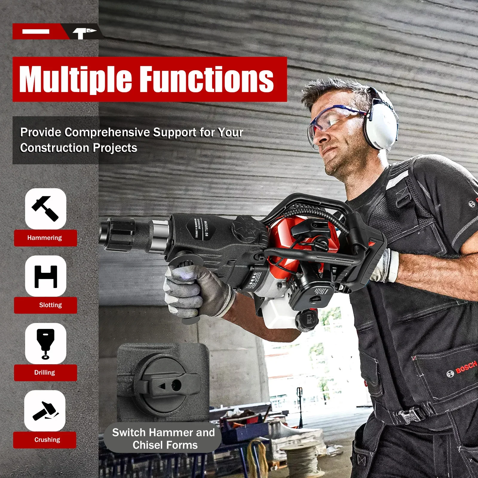 

33CC 1000W Demolition Jack Hammer Gasoline Powerd Impact Hammer Concrete Tools for Rock Breaking Ground Slotting