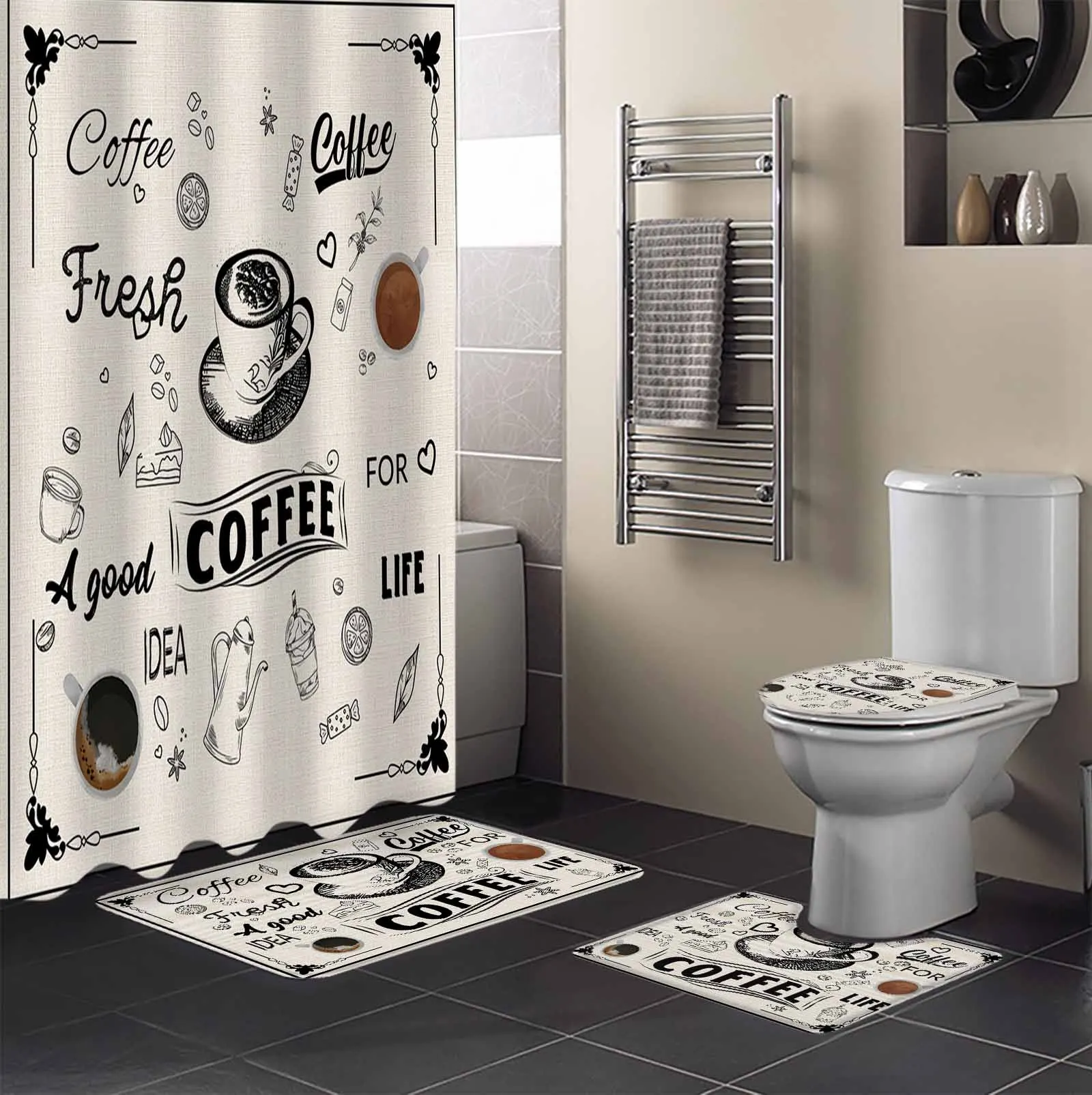 Coffee Coffee Beans Cup Shower Curtain Set Non-Slip Rugs Bath Mat Toilet Lid Cover Waterproof Bathroom Curtain