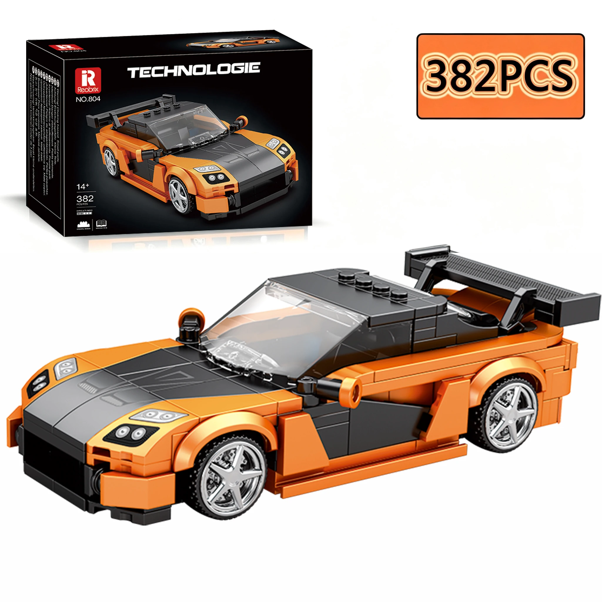 382-teiliger orangefarbener Sportwagen-Bausatz, kreatives Stadtfahrzeug, klassisches Automodell, Bausteine, Desktop-Display, Puzzle-Spielzeug, Urlaubsgeschenke