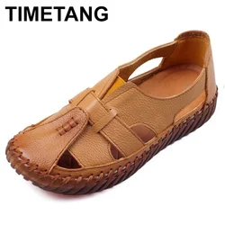 TIMETANG Women's Sandals 2022 Summer Genuine Leather Handmade Ladies Shoe Leather Sandals Women Flats Retro Style Mother Shoes