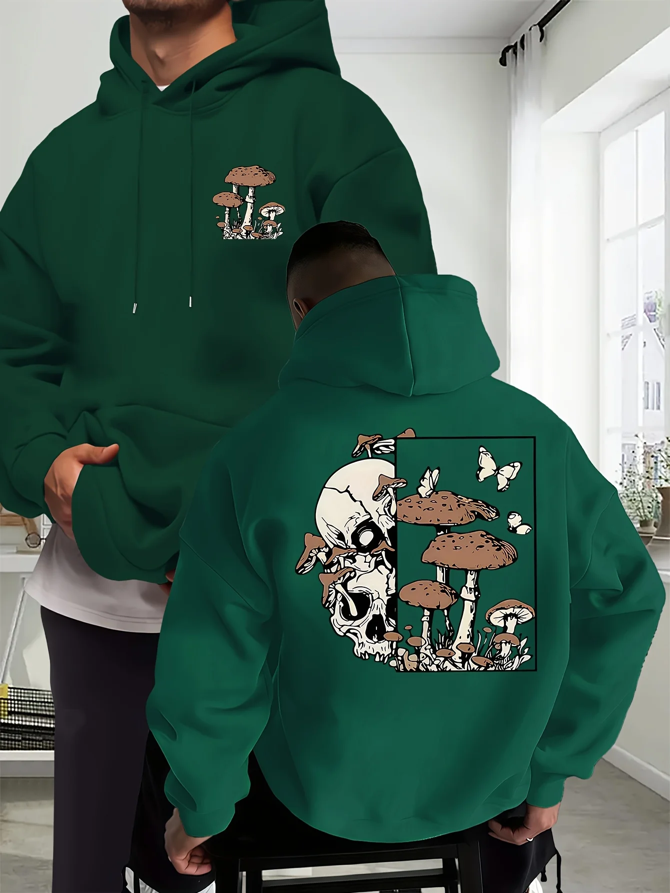 Mysterious Gothic-themed Men's Hooded Sweatshirt with Vintage Forest Mushroom Skull Print-Fall/Winter Casual Daily Sport Hoodie.