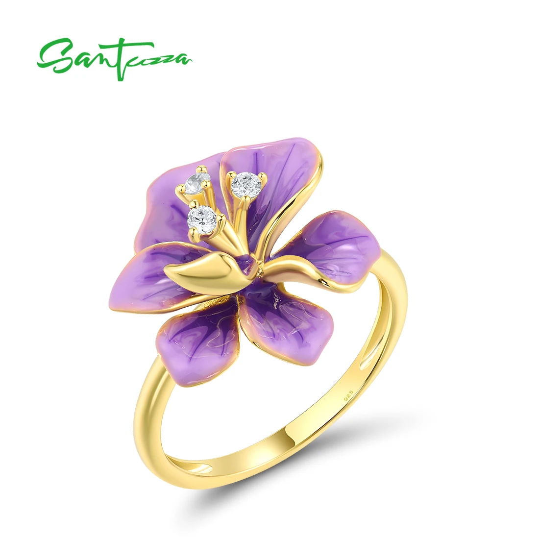 SANTUZZA Geniune 925 Sterling Silver Rings For Women Sparkling White CZ Purple Lovely Enamel Flower Elegant Wedding Fine Jewelry