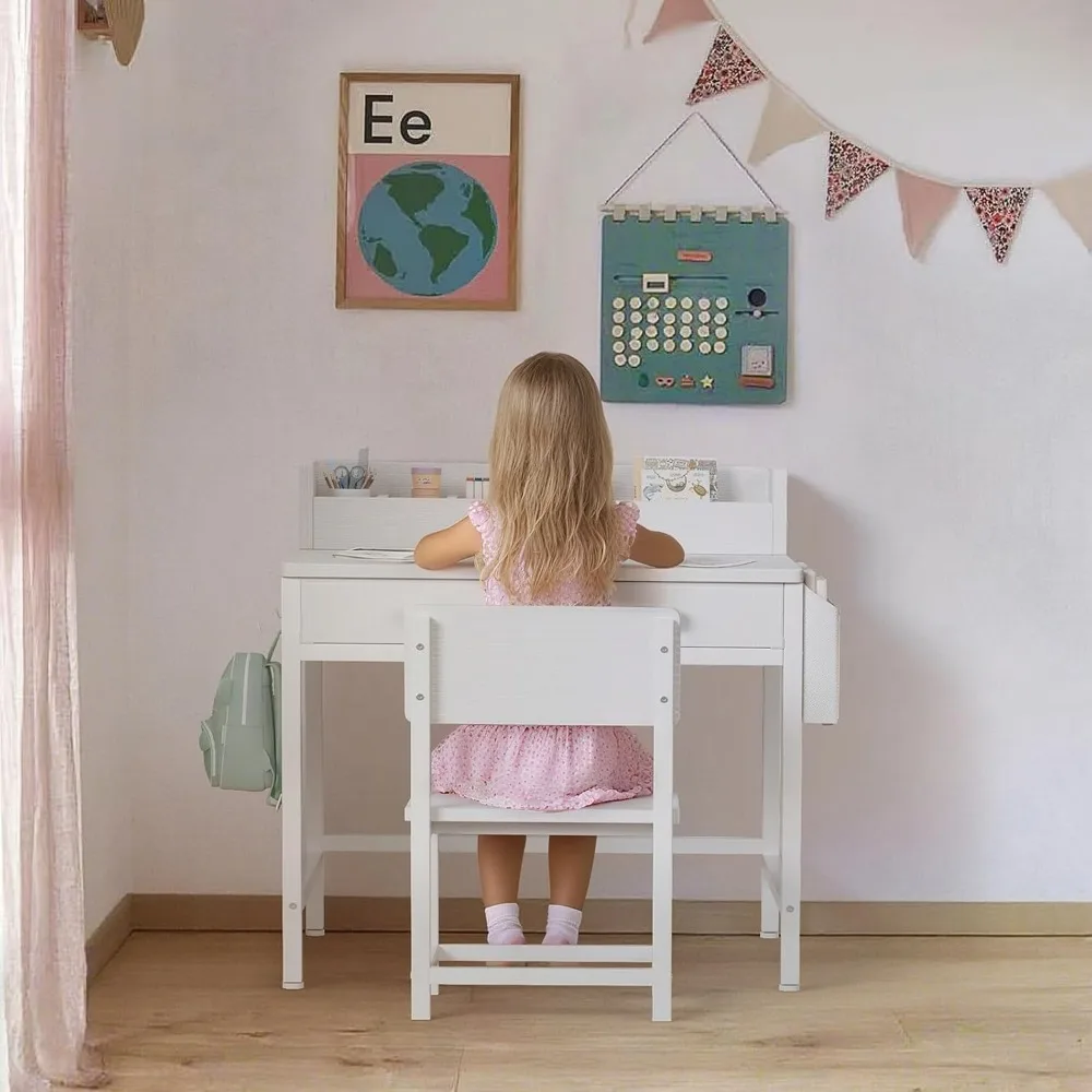 Kids Desk and Chair Set for Ages 5-8, White Study Table with Fabric Drawer Storage, Ergonomic Children's Furniture