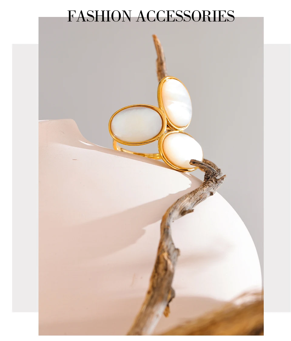 Yhpup Luxuriöser, hochwertiger, natürlicher Muschel-Blume, goldener, verstellbarer Ring, modischer Charm-Schmuck aus Edelstahl 316, gegossener Technologie – Detail 9