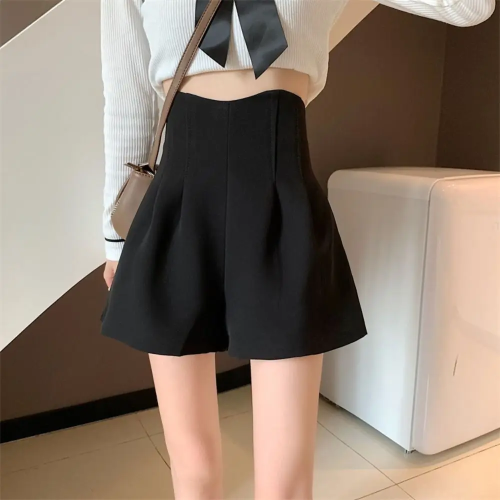 Invisible Zipper Summer A-line Shorts Pants Loose Black High Waist Suit Shorts Elastic Waist Y2K Solid Hot Pants Girls