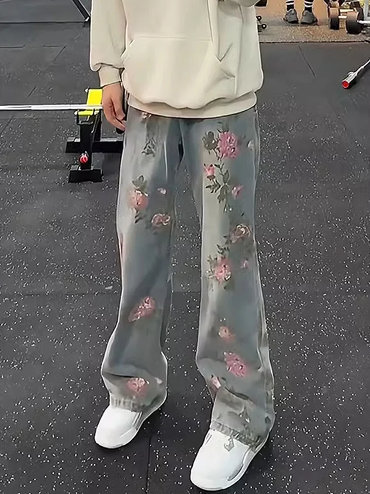 

Rose Embroidered Men's Straight Leg Jeans American Style High Street Slimming Pants Youth Trendy Faded Cotton Polyester Blend