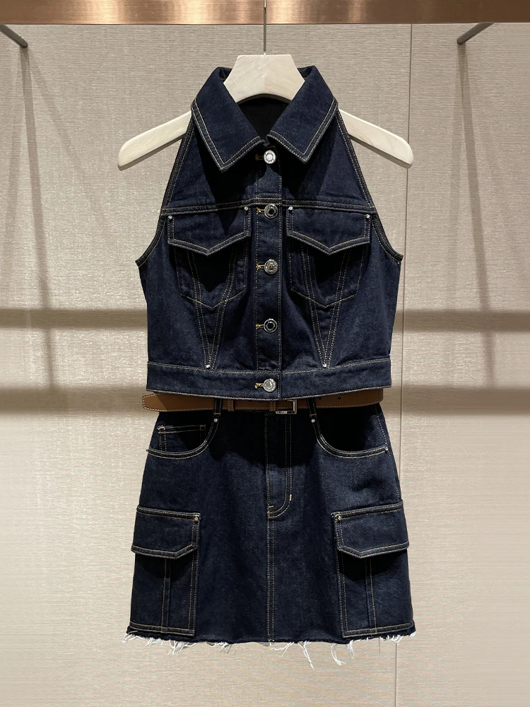 

American Retro Denim Set Ne Hanging Vest Outerwear f Skirt Two-Piece Set Spring Summer New Sle Hong Kong Sle Women's...