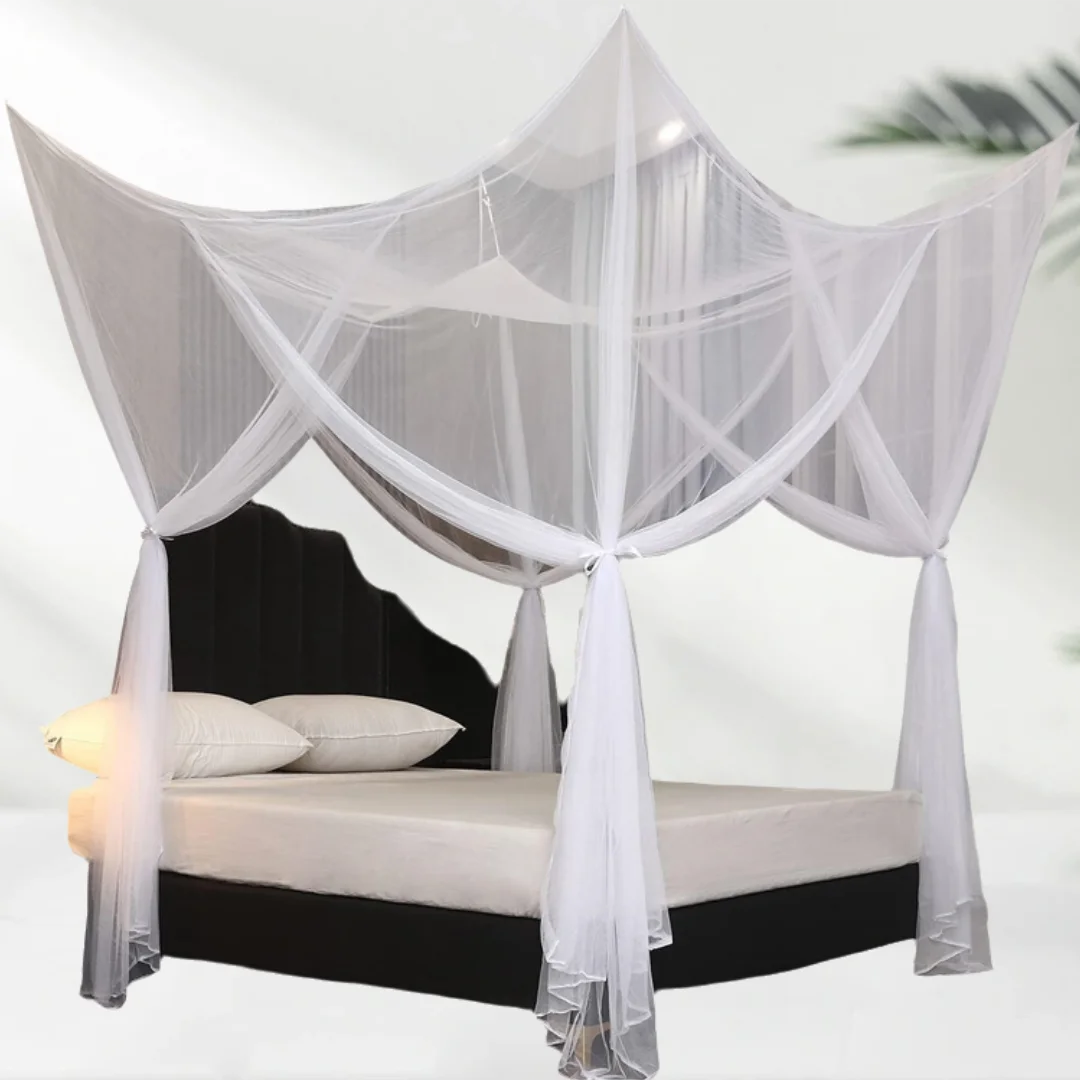 Four-Door Big Mosquito Net Canopy - King/Queen Double Bed Size, Elegant White Color Luxurious Palace Netting Prevent Insect