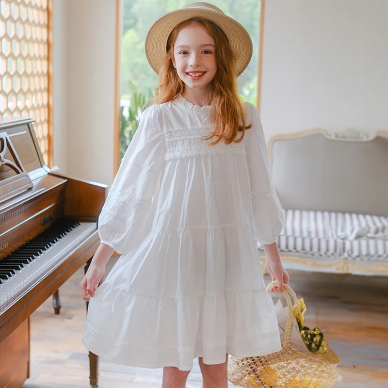 

2024 Spring Autumn School Girl Long Sleeve Dress Teenager Girl Lace Princess Dress Junior Girl Casual Solid Cotton Dress