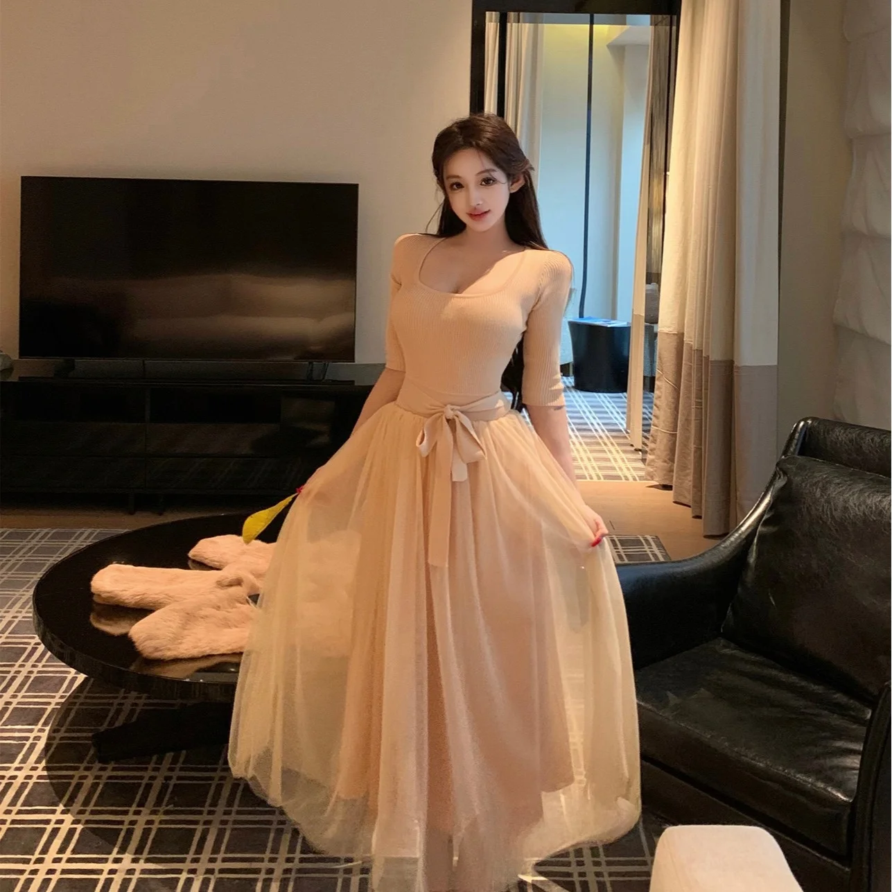 

Autumn Winter Long Fairy Skirt Slimming Design Sensation Dr Pure Desire High Waist Tulle Princ Sle H-ape Long Sve