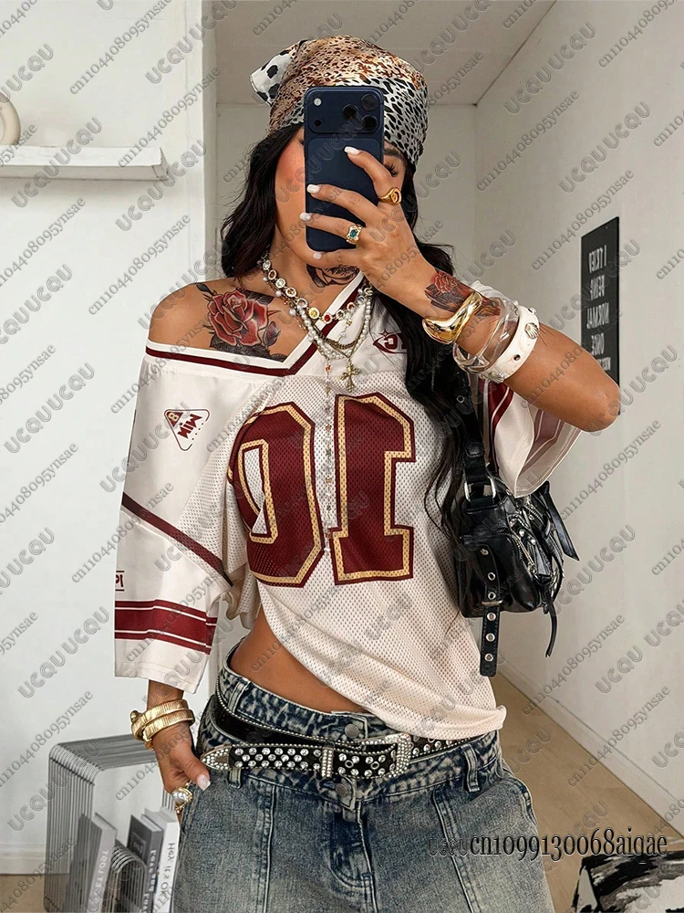 2026 Summer New Retro No.10 Print T-Shirt For Women V-Neck Short Sleeve Sports Football Jersey Y2K Oversized Tops