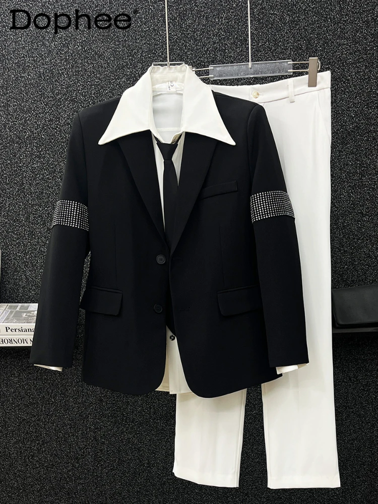 

High-end Hand Sleeve Splicing Hot Diamond Chic Blazers Men's 2024 Autumn New High Street Casual Shoulder Padded Suit Jacket Tops