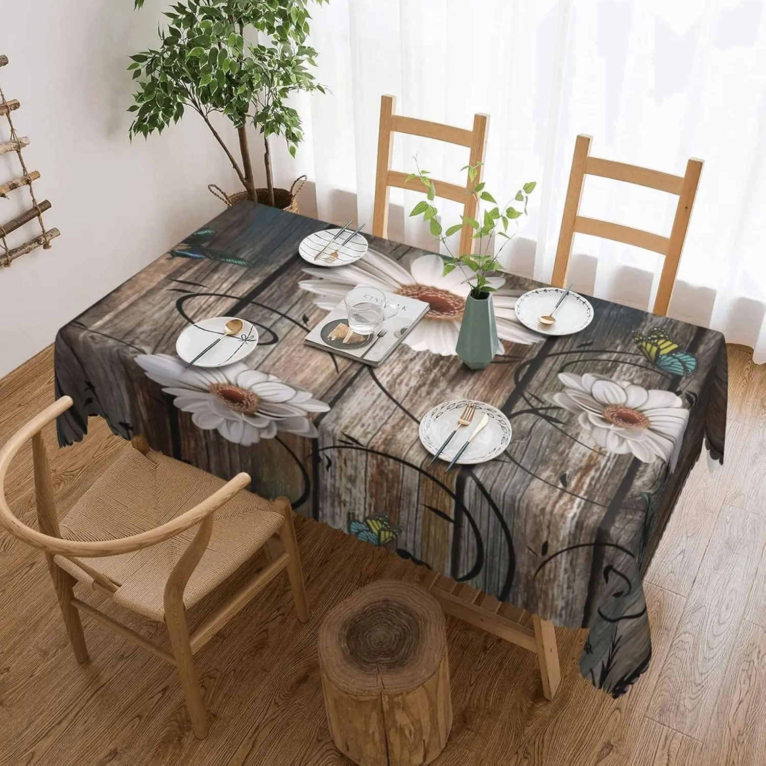 Rustic White Daisy Wood Grain Tablecloth, Floral Board Pattern Rectangular Washable Table Cover for Dining Kitchen Party