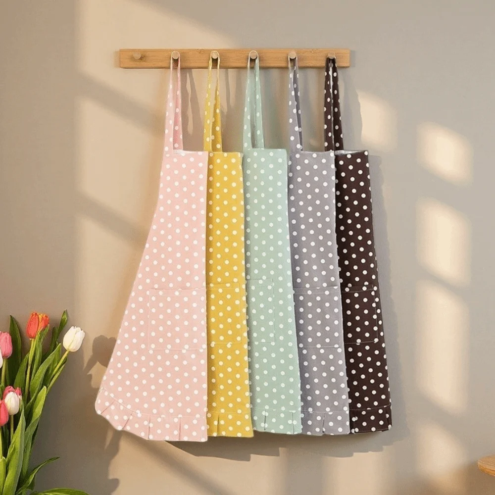 Elegant Kitchen Aprons Polka Dot Pattern Wrinkle Edge Kitchen Apron Anti-dirty Breathable Nail Salon Beauty Apron for Women