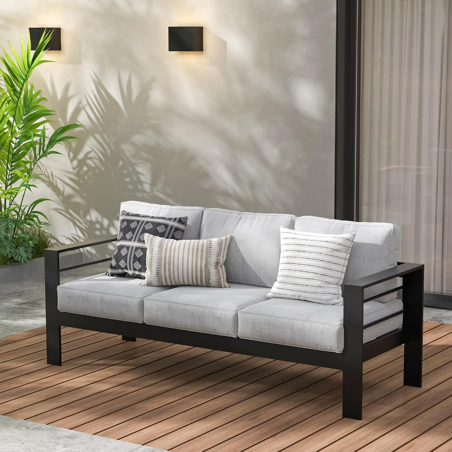 Aluminum Outdoor Sofa, 3 Seats Patio Couch All-Weather Rust-Proof Modern Metal Patio Furniture with 5