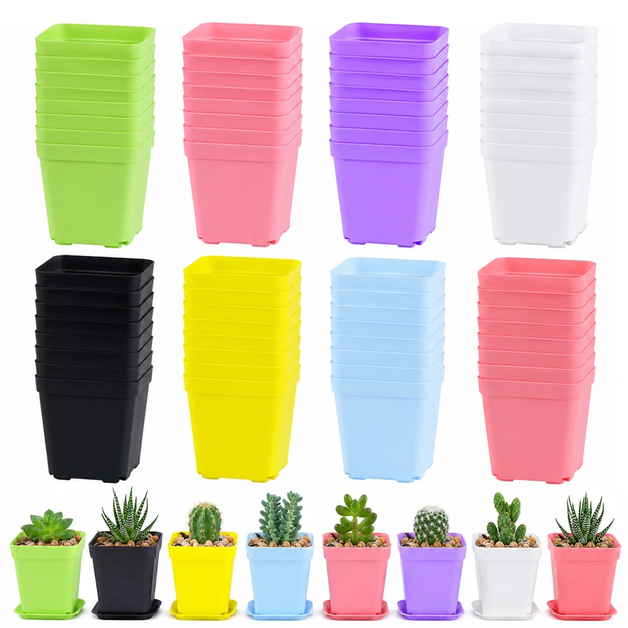 12/24pcs Colorful Square Flower Pot with Tray Plastic Flowerpot for Office Indoor Outdoor Decor Beds Garden Nurseries XJM