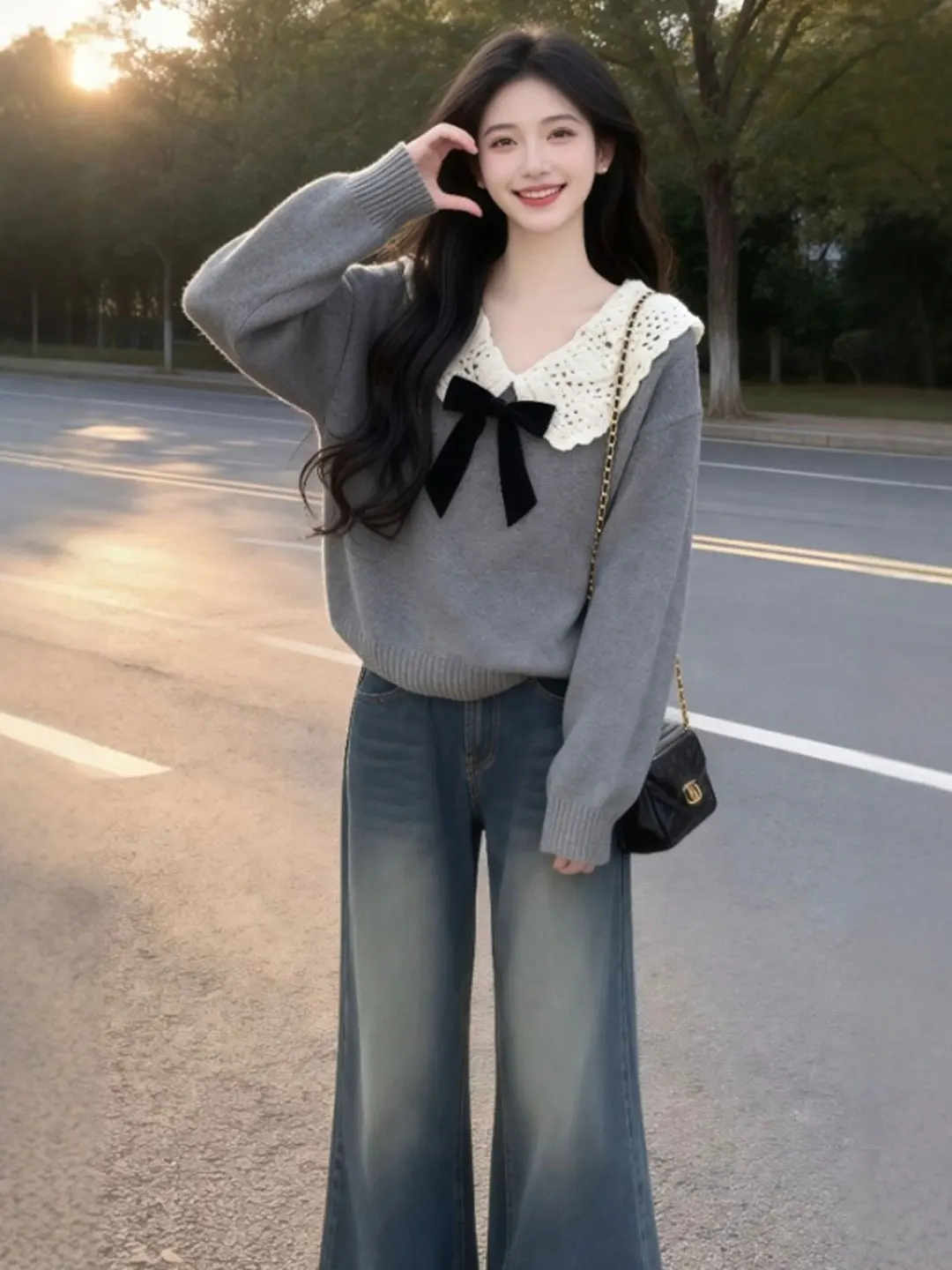 

Korean Style Loose Sweater with Bow Tie Soft Spring New Fashion Women's Knitted Long Sleeve round Neck Color Casual Top