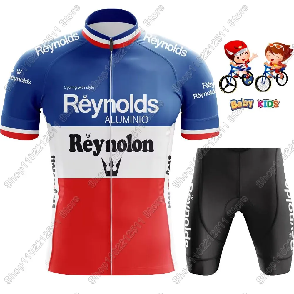 أطفال رينولدز 2025 فريق الدراجات جيرسي مجموعة بنين بنات ريترو فرنسا اسبانيا الدراجات ملابس دراجة أطفال دعوى الجبلية روبا مايوه