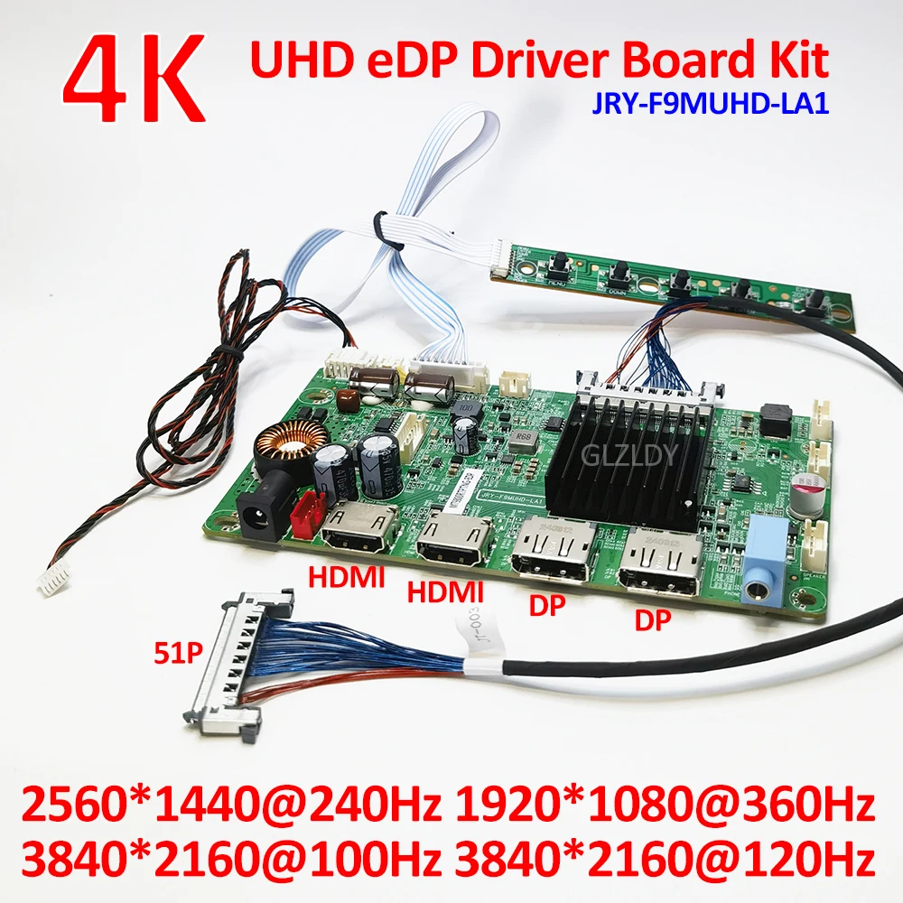 

2K 4K edp 51p LED display driver board Kit JRY-F9MUHD-LA1 2K@240hz 1K@360hz 4K@100HZ 120HZ UHD Monitor HDR VBO eDP 2*HDMI 2*DP