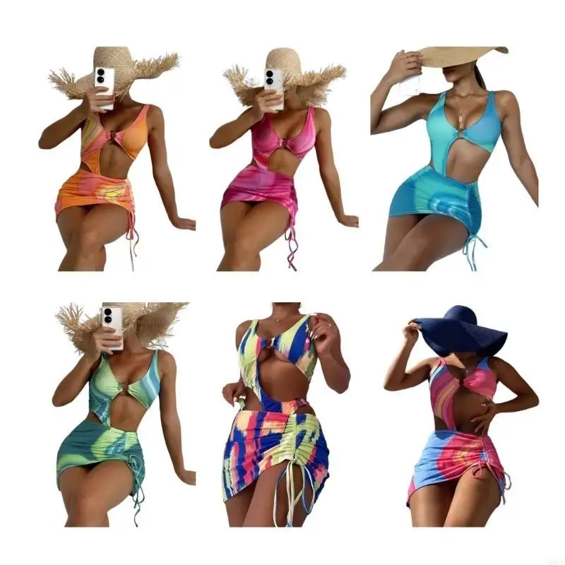 

X9FF Color-Block Bathing Suits for Women 2 Pieces Swimsuit Beach-Skirt O-ring Bikinis