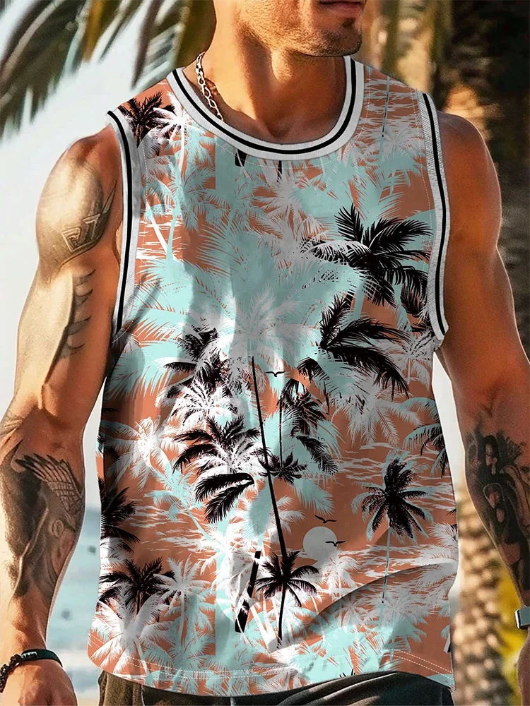 Hawaiian Style Palm Tree Tank Top For Men Summer Casual Sleeveless T-shirt For Men Holiday Beach Party Casual Top For Men