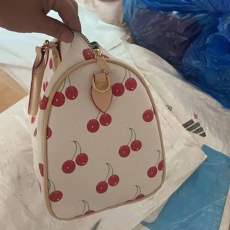 Bloom Large Capacity Cherry Cylindrical Handbag Women Sweet Cute Handle Pillow Bag Purse Female Retro Casual Crossbody Bags