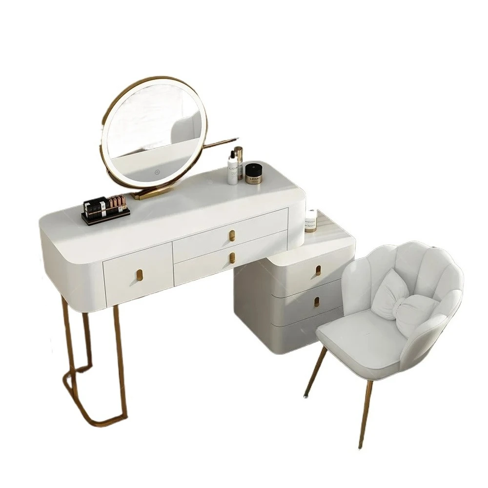 

#White Slate Top Luxury Bedroom Makeup Vanity Table MDF Solid Wood Dressing Desk With Smart LED Light Mirror
