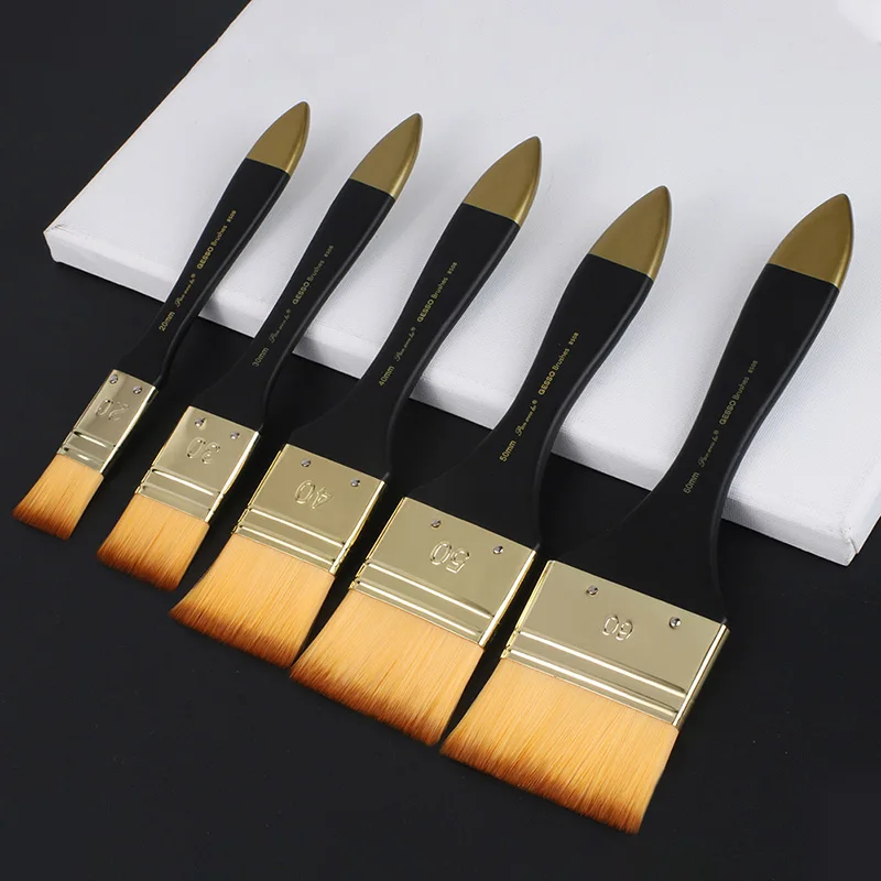 5 Sizes Flat Paint Brushes,Nylon Bristle Oil Paint Brushes With Natural Wood Handle For Acrylic Watercolor Gouache Painting