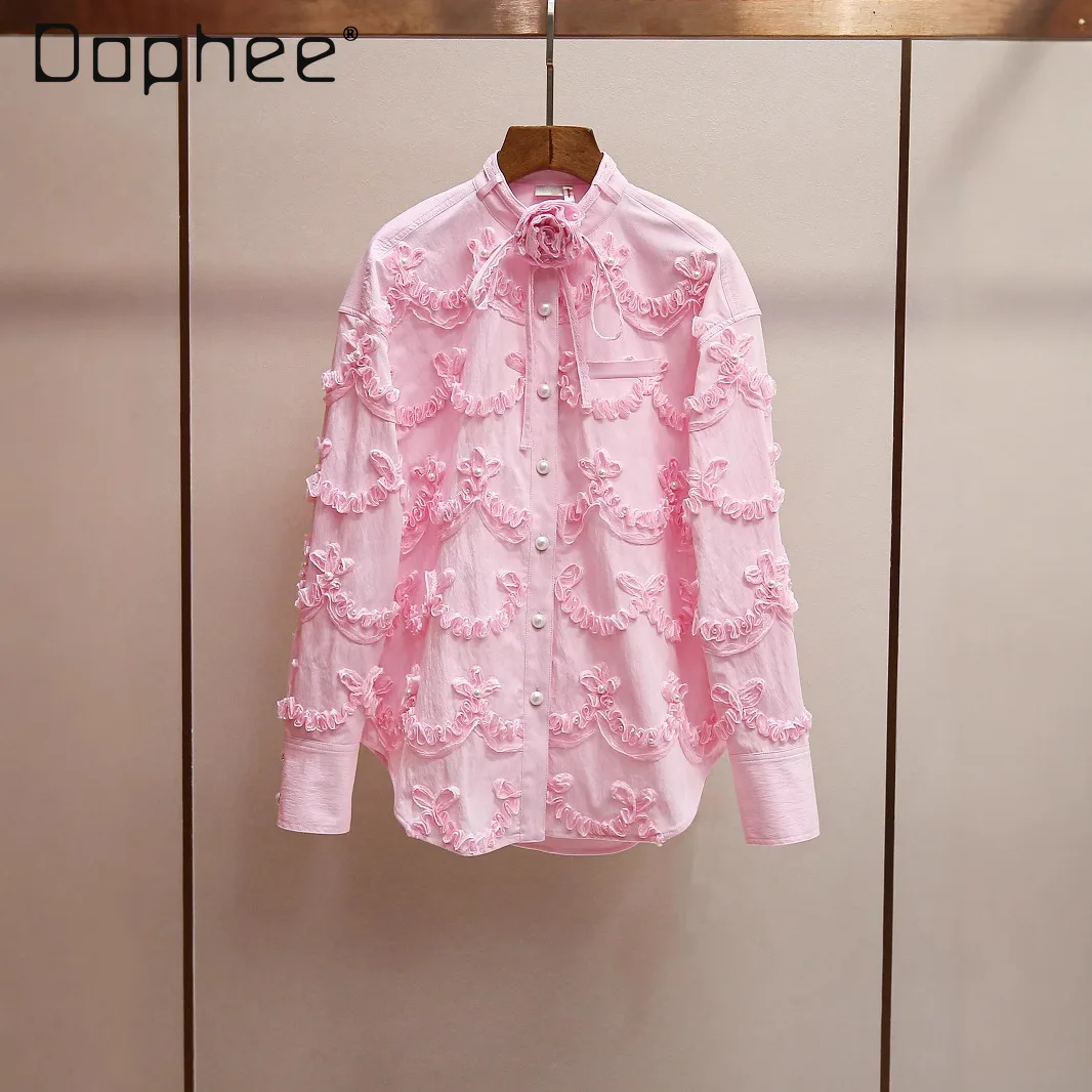

Spring French Sweet Lace Loose Shirt Temperament Elegant Three-dimensional Flower Heavy Industry Shirt Women Office Lady Blouse