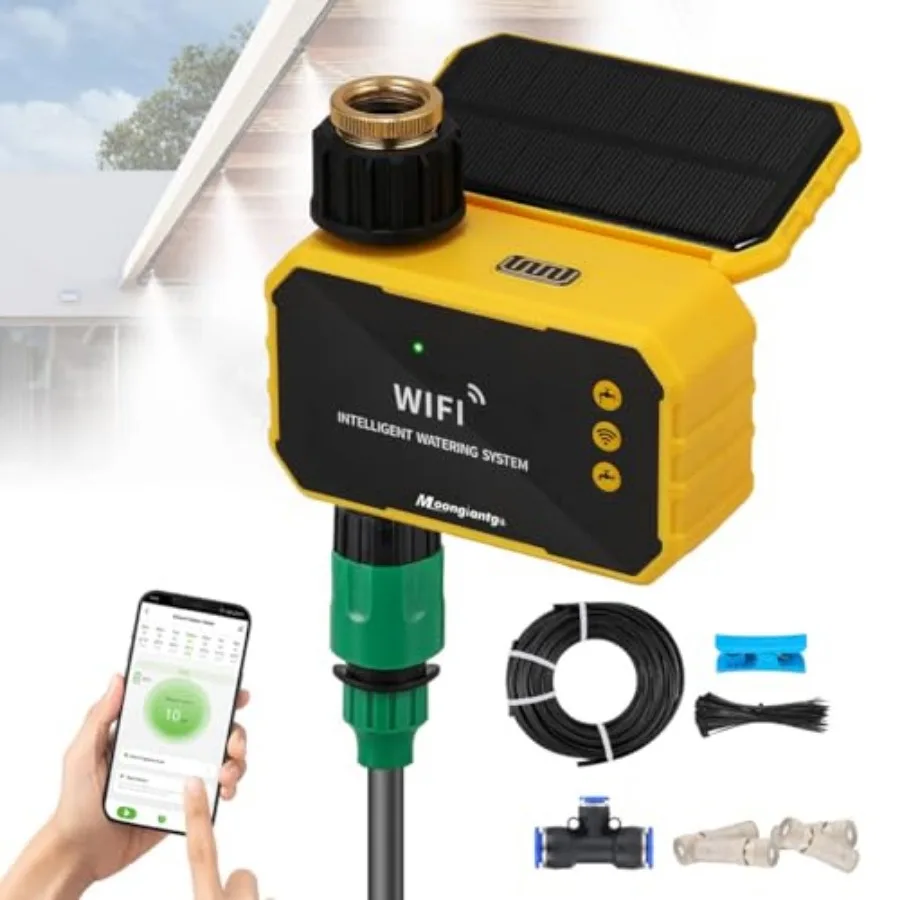 

Outdoor Misting Cooling System with Solar WiFi Water Timer Misters for Outside Patio with 65.5FT 20M Water Pipe+20 Misting Nozz