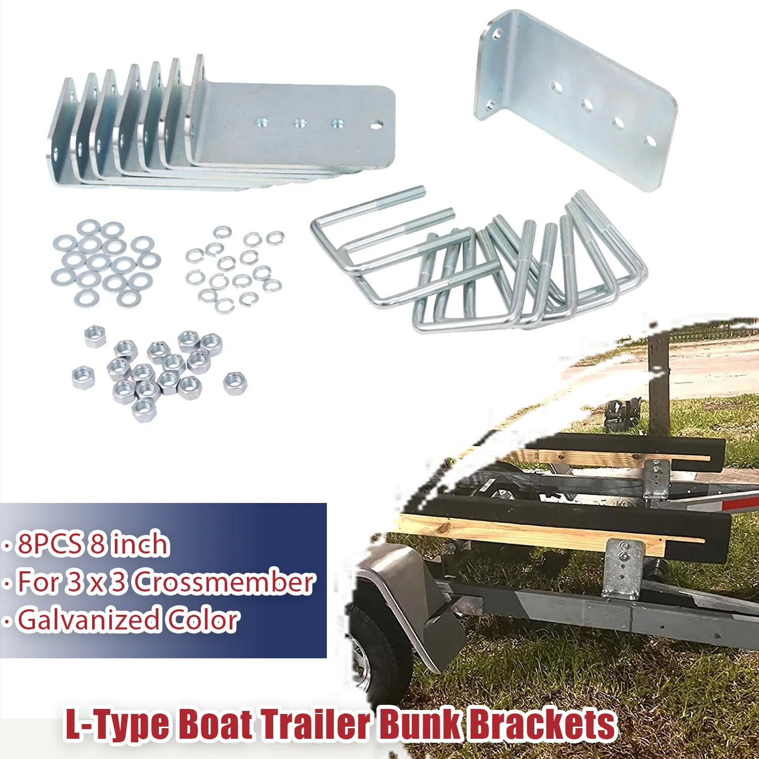 

(8PCS) 8 inch Galvanized L-Type Boat Trailer Bunk Bracket Kit 3 x 3 Crossmember