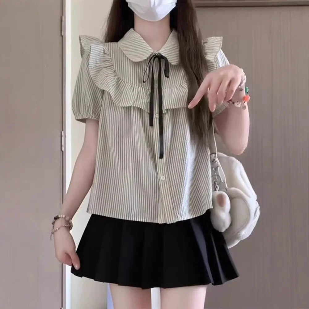 Korean Style College Style Sweet Short Sleeved Doll Collar Ruffled Bow Striped Shirt Top and Skirt Two-piece Set