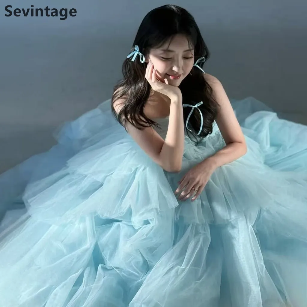 Sevintage 2025 une ligne bleu Tulle corée robe de soirée fée volants bretelles à plusieurs niveaux robe de bal robe de mariée personnalisée