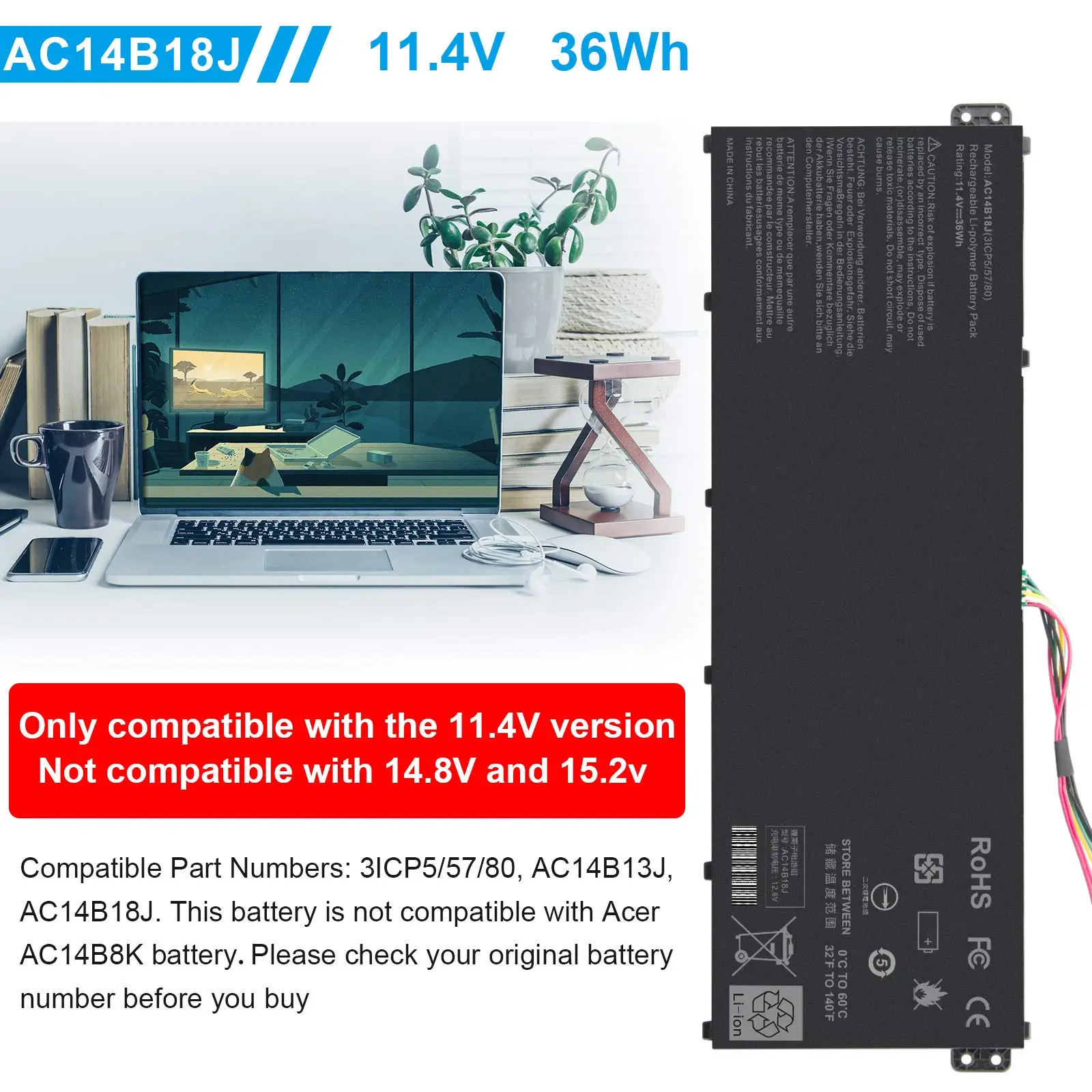Imagem -06 - Bateria para Acer Aspire es 15 Es1571 Es1331 Chromebook 11 Cb3111 13 Cb5-311 15 Cb3-531 Ac14b13j Ac14b18j Ac14b18j
