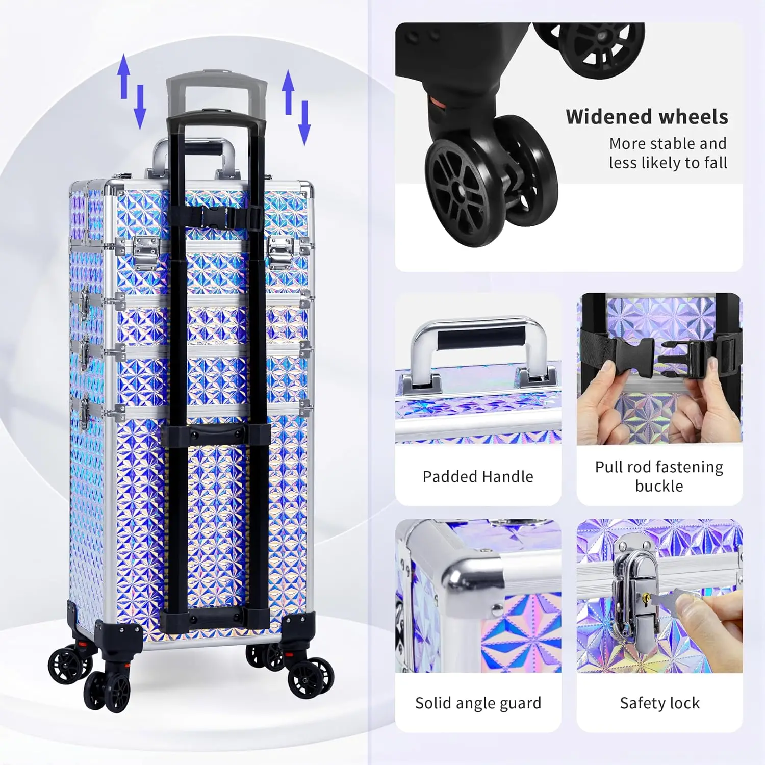 5 in 1 Rolling Makeup Train Case Cosmetology Case on Wheels Large Cosmetic Organizer Travel Cart for Nail Beauty Salon Barber