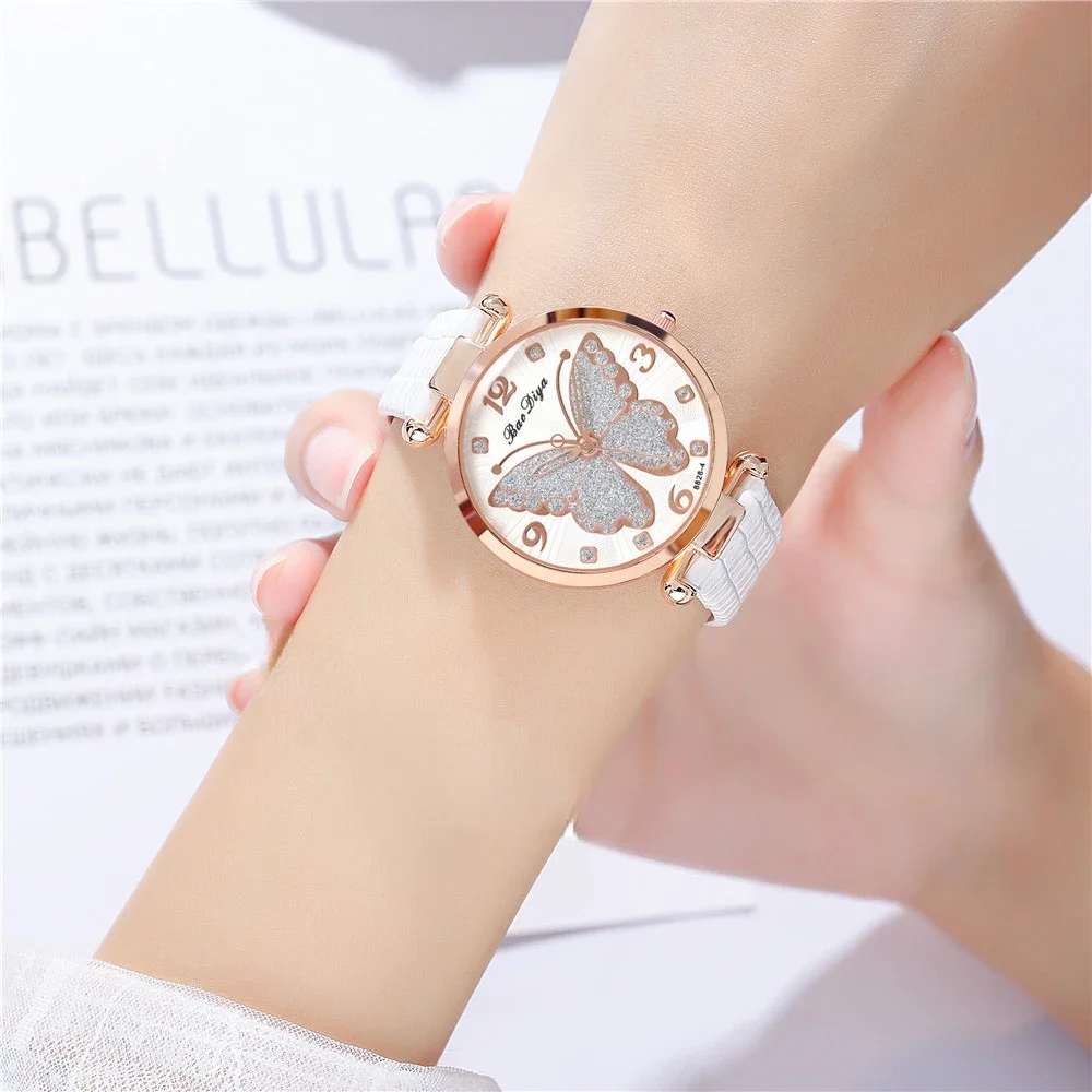 Women\'s Fashion White Butterfly Diamond Set Design Watches Brand Ladies Quartz Wristwatch Simple Femme Leather Band Clock