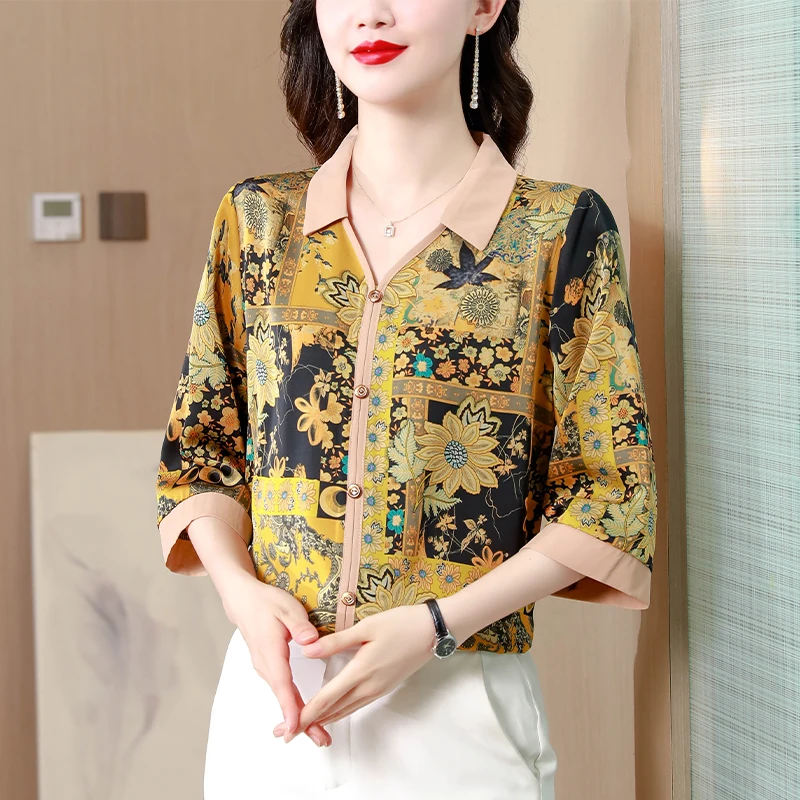 

2023 Summer Short sleeved Silk Vintage Printed Satin Shirt Top for Women's Fashion Polo Neck Loose Large Mom Fit Slim T-shirt