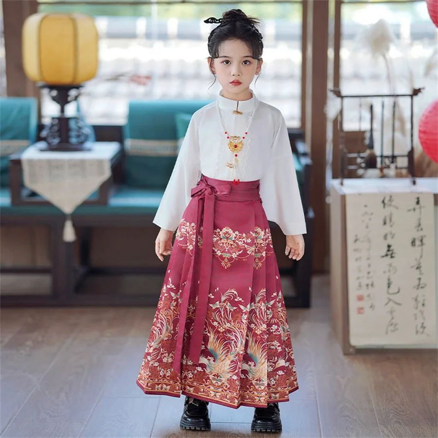 New Chinese Style Horse Face Skirt For Girls 2024 Summer Ancient Suit Thin spring Hanfu Children Ming Tang Dress Cosplay