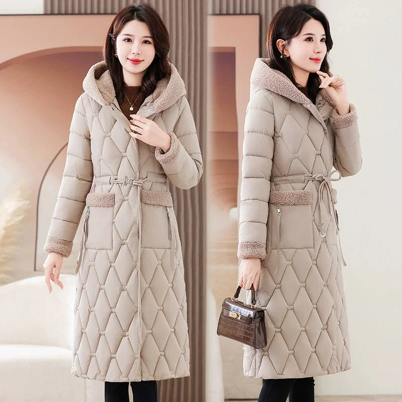 

Winter Jacket New Lambswool Stitching Cotton-padded Jacket Women Parkas Long Middle-aged Mother Cotton Clothes Female Outerwear