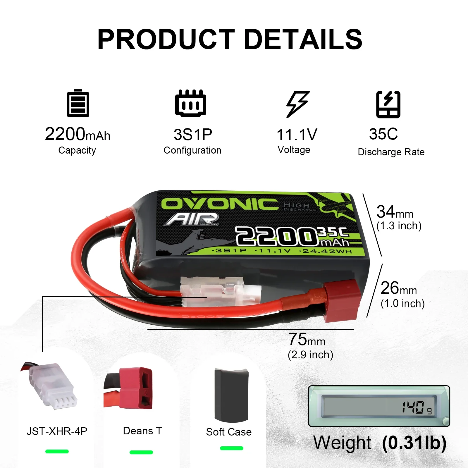 Ovonic 3S 2200MAh 11.1v 35C RC LiPo Battery With Deans / T Plug For RC Helicopter Airplane Quadrotor Drone 2PCS