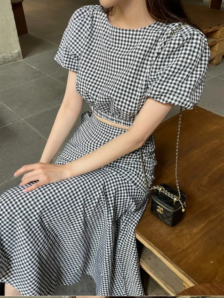 Two 2 Piece Set Plaid Dress Women Puff Sleeve Casual Woman Tops Ruffle High Waisted Ladies Skirts 2023 Summer Suit